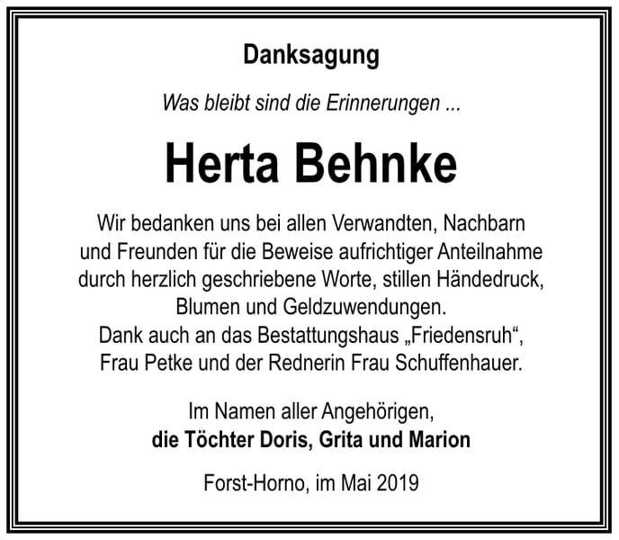 Traueranzeige Herta Behnke
