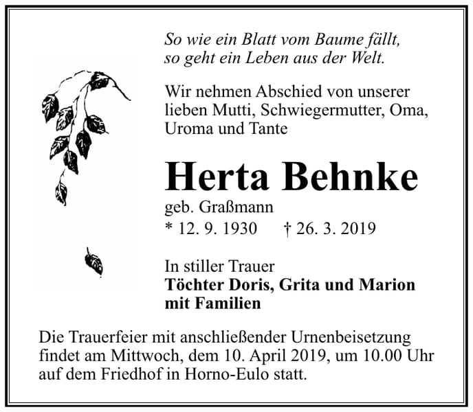 Traueranzeige Herta Behnke, geb. Graßmann