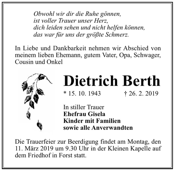 Traueranzeige Dietrich Berth