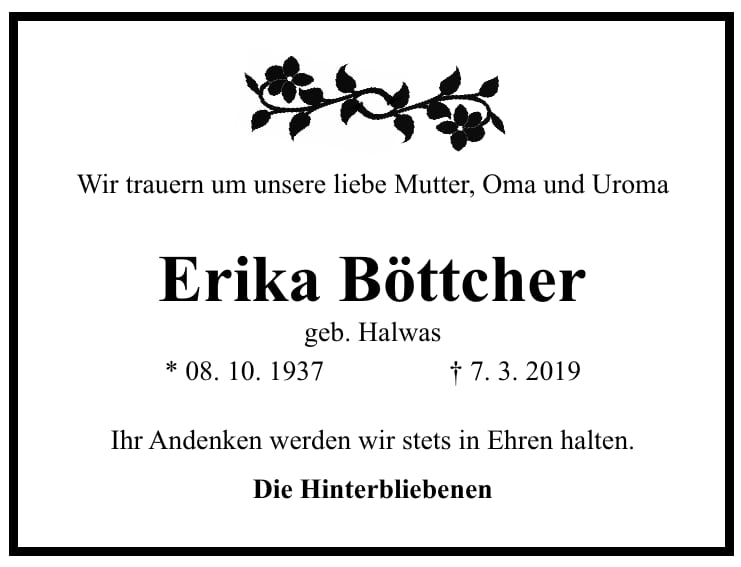 Traueranzeige Erika Böttcher, geb. Halwas