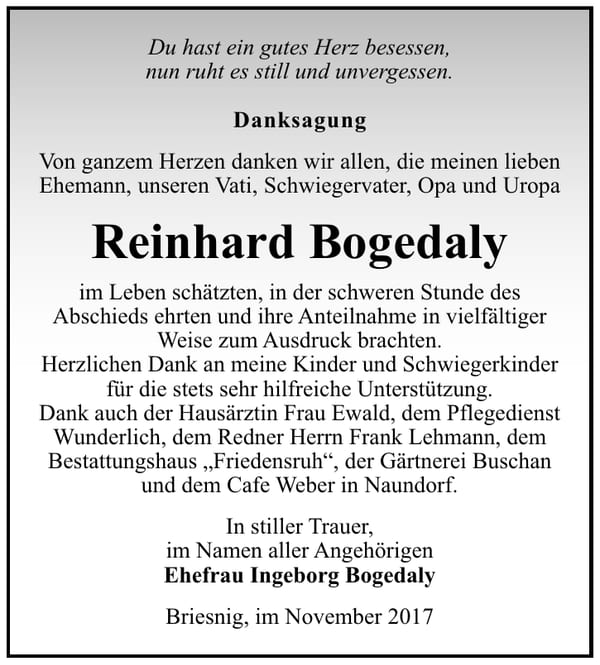 Danksagung Reinhard Bogedaly