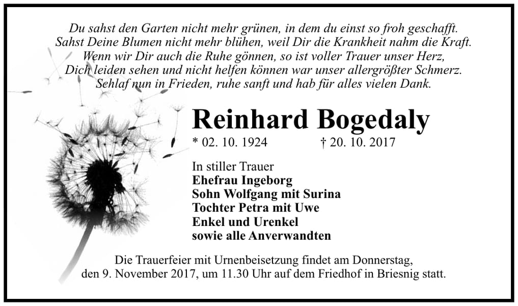 Traueranzeige Reinhard Bogedaly