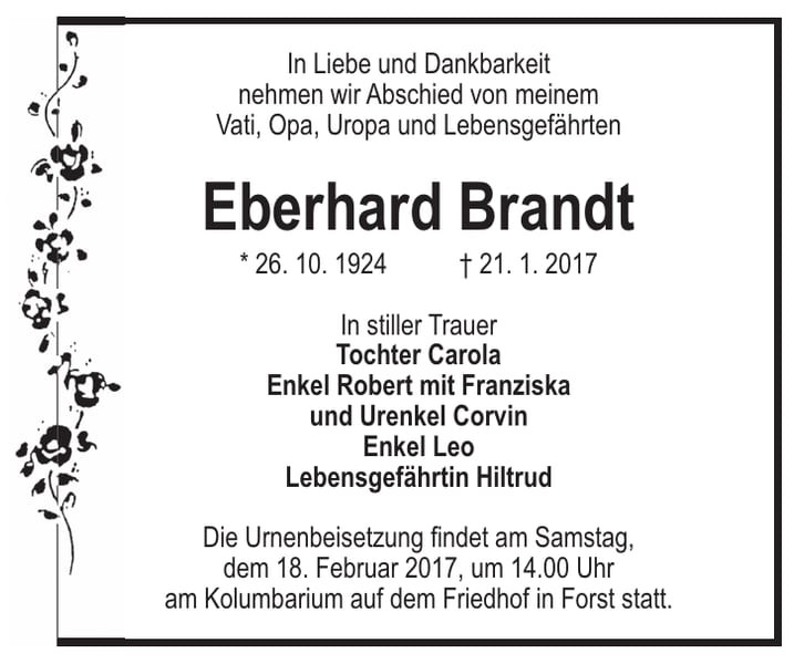 Traueranzeige Eberhard Brandt