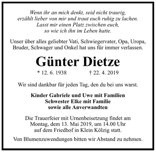 Traueranzeige Günter Dietze