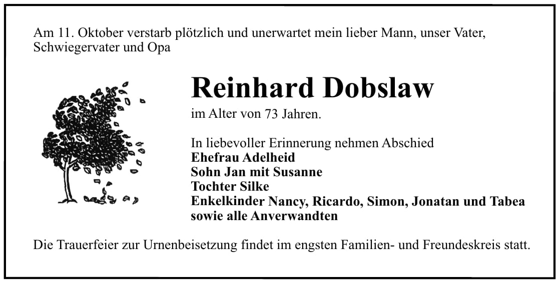 Traueranzeige Reinhard Dobslaw
