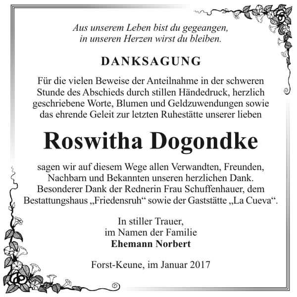 Danksagung Roswitha Dogondke