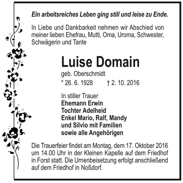 Traueranzeige Luise Domain, geb. Oberschmidt