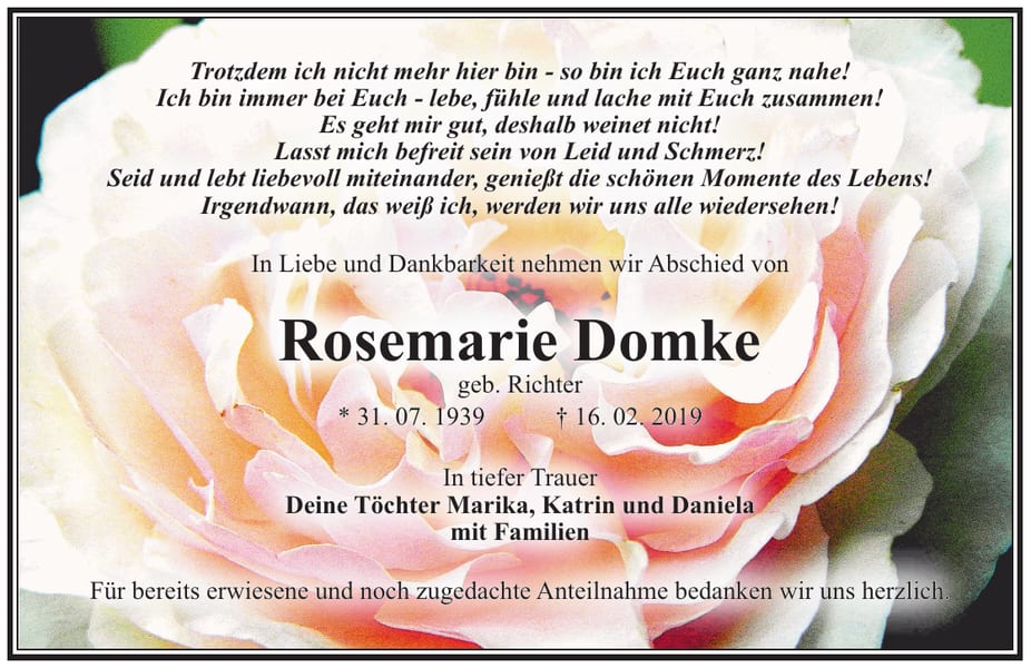 Traueranzeige Rosemarie Domke, geb. Richter