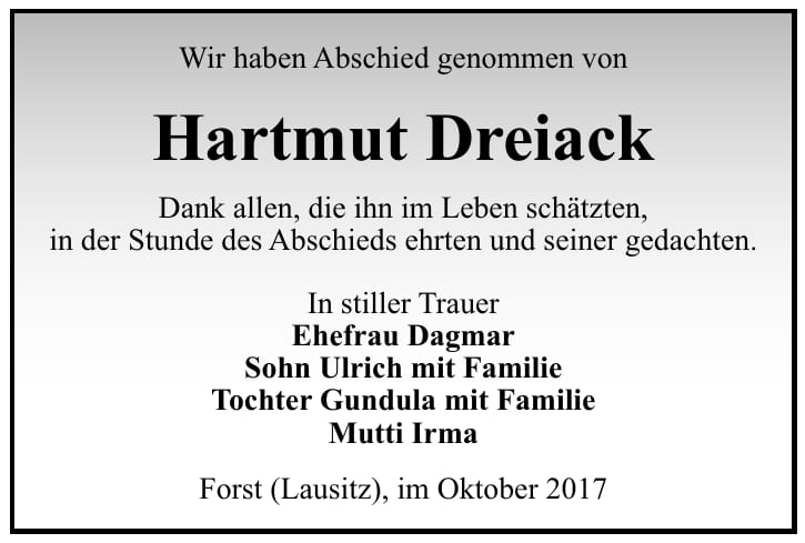 Danksagung Hartmut Dreiack
