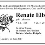 Traueranzeige Renate Elbe, geb. Lehmann