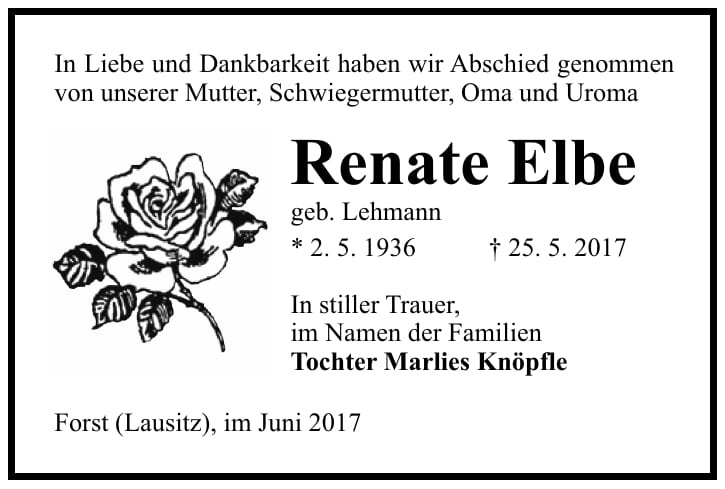 Traueranzeige Renate Elbe, geb. Lehmann