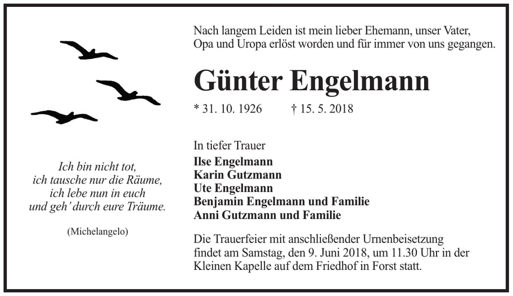 Traueranzeige Günter Engelmann