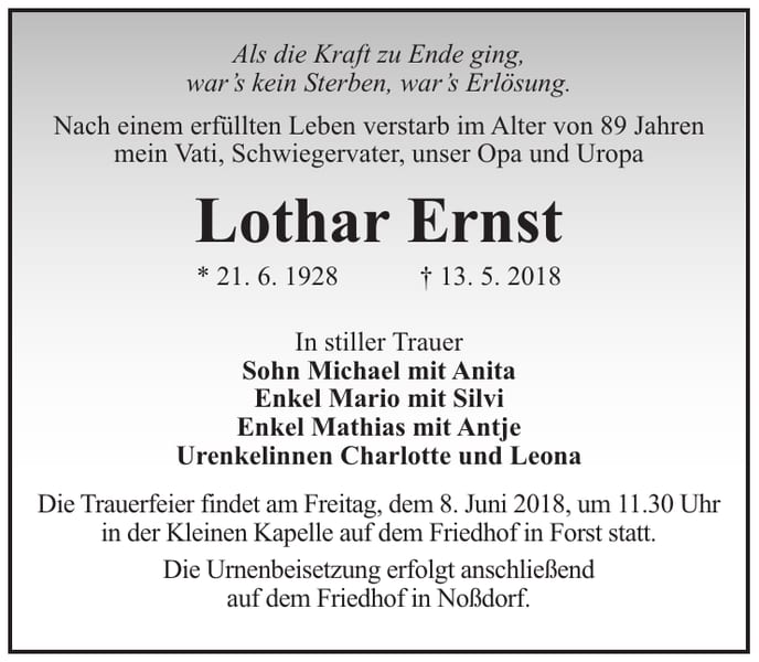 Traueranzeige Lothar Ernst