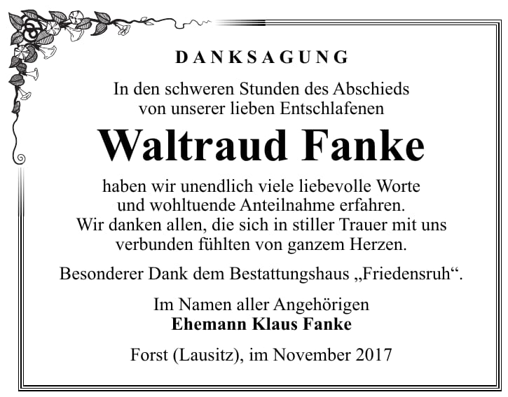 Danksagung Waltraud Fanke