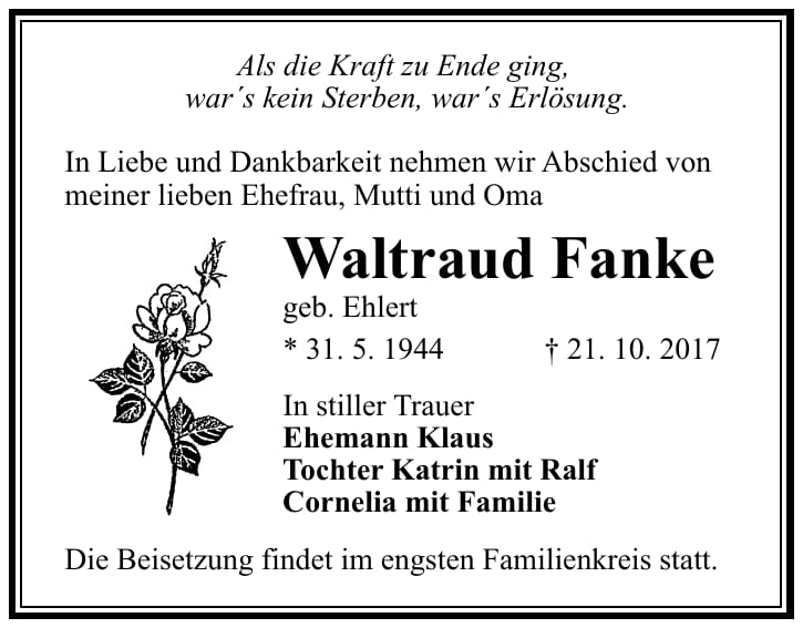 Traueranzeige Waltraud Fanke, geb. Ehlert
