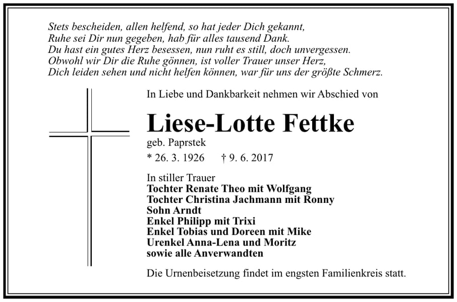 Traueranzeige Liese-Lotte Fettke, geb. Paprstek