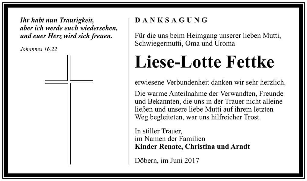 Danksagung Liese-Lotte Fettke
