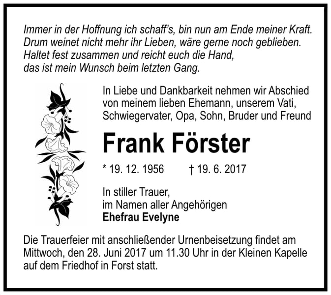 Traueranzeige Frank Förster
