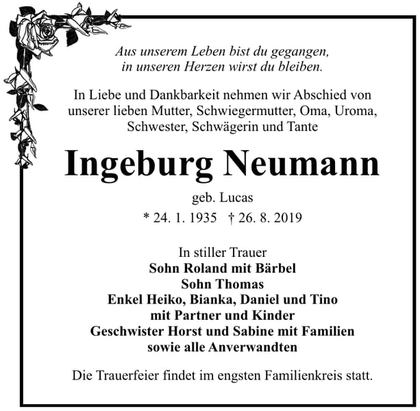 Traueranzeige Ingeburg Neumann, geb. Lucas