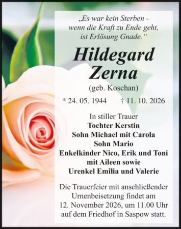 Traueranzeige Hildegard Zerna, geb. Koschan