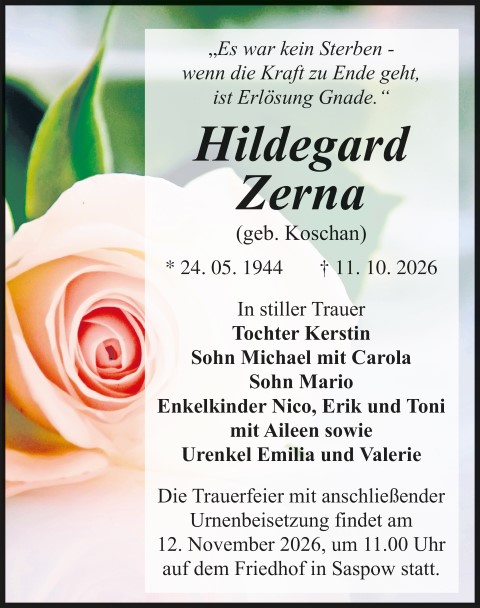 Traueranzeige Hildegard Zerna, geb. Koschan
