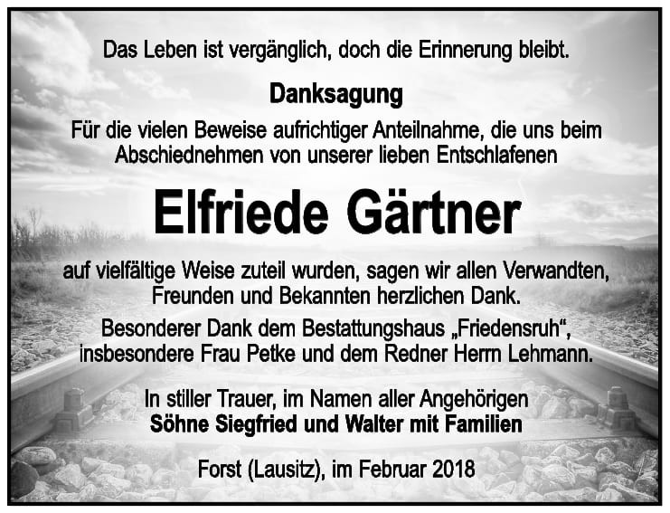 Danksagung Elfriede Gärtner