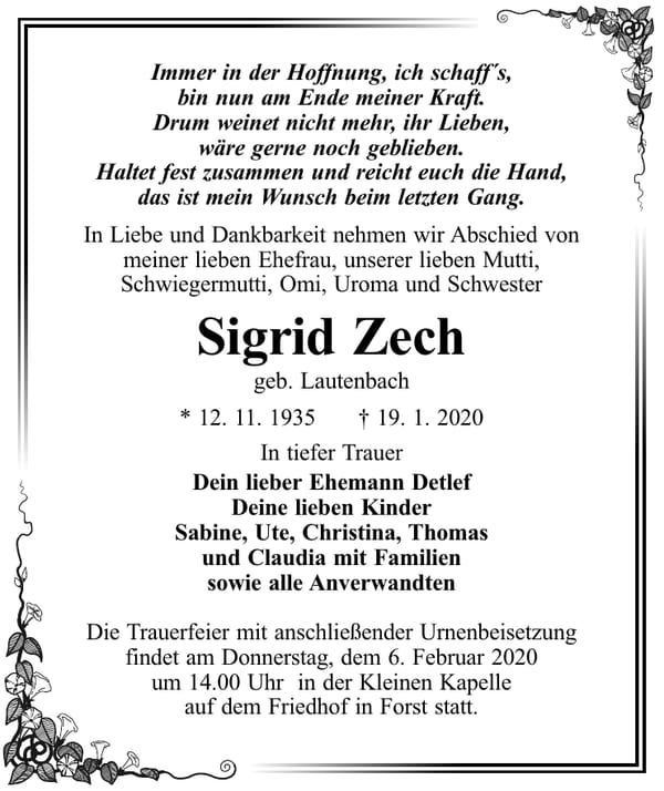 Traueranzeige Sigrid Zech, geb. Lautenbach
