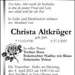 Traueranzeige Christa Altkrüger, geb. Jerk