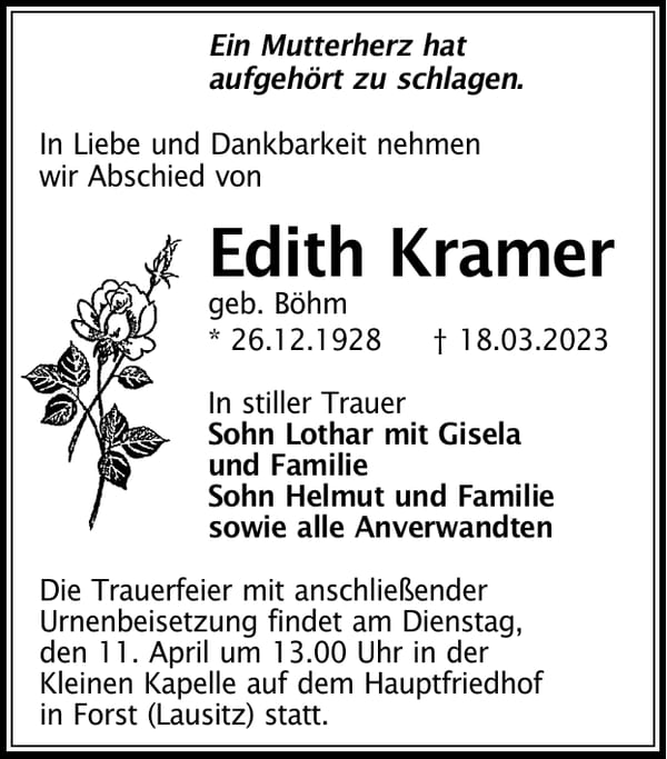 Traueranzeige Edith Kramer, geb. Böhm