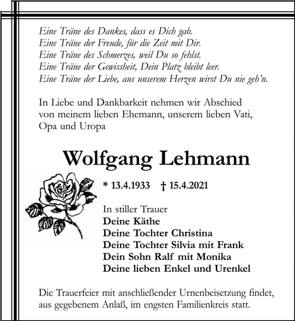 Traueranzeige Wolfgang Lehmann