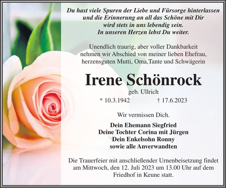 Traueranzeige Irene Schönrock, geb. Ullrich