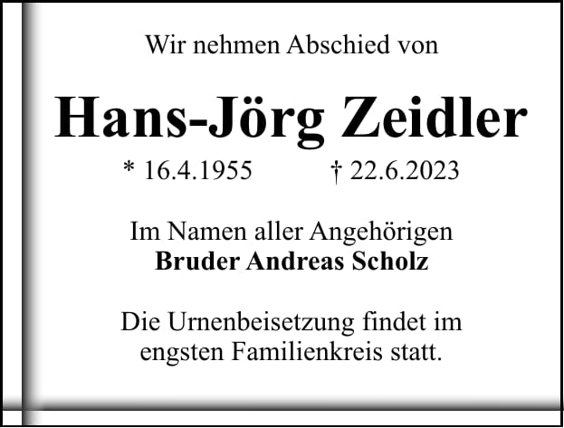 Traueranzeige Hans-Jörg Zeidler