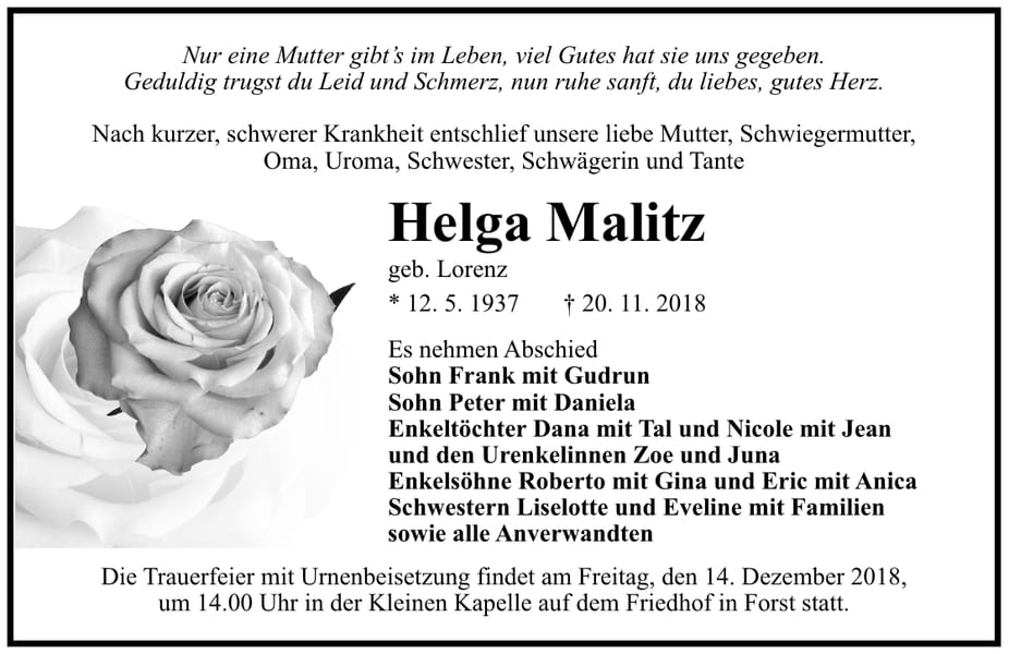 Traueranzeige Helga Malitz, geb. Lorenz