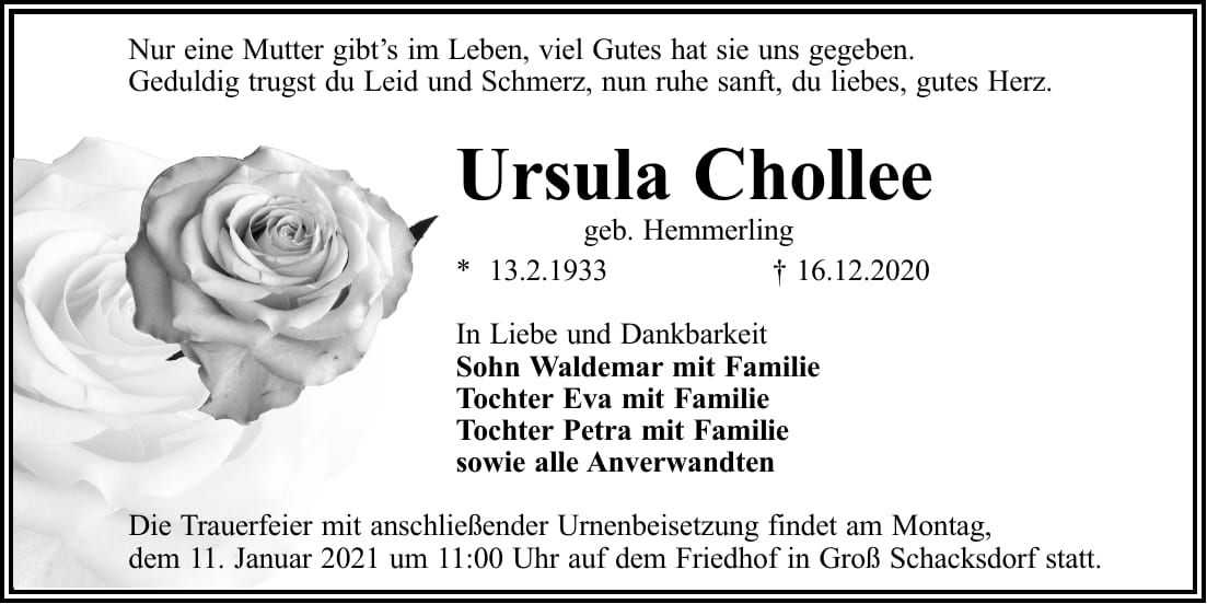 Traueranzeige Ursula Chollee, geb. Hemmerling