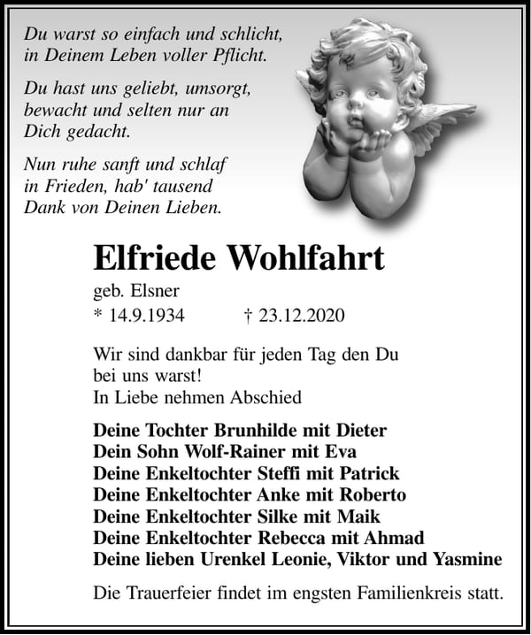 Traueranzeige Elfriede Wohlfahrt, geb. Elsner