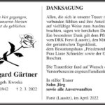 Danksagung Edelgard Gärtner, geb. Kwoska
