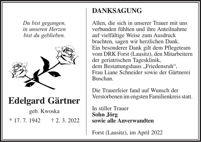 Danksagung Edelgard Gärtner, geb. Kwoska