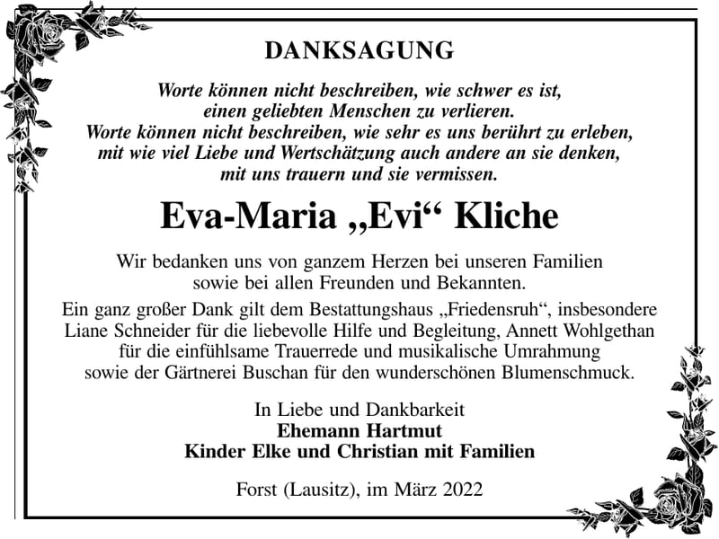 Danksagung Eva-Maria „Evi“ Kliche