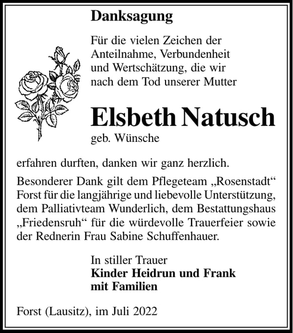 Danksagung Elsbeth Natusch, geb. Wünsche