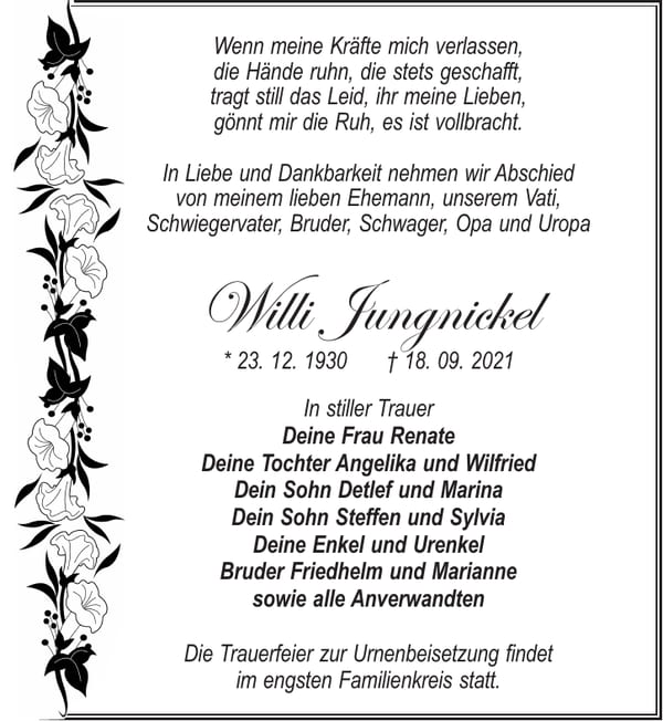 Traueranzeige Willi Jungnickel