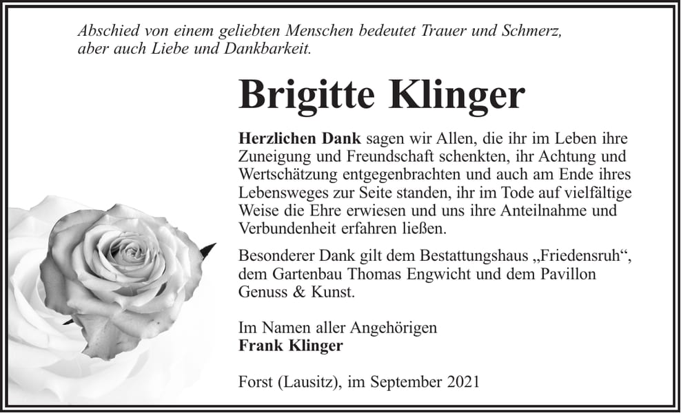 Danksagung Brigitte Klinger