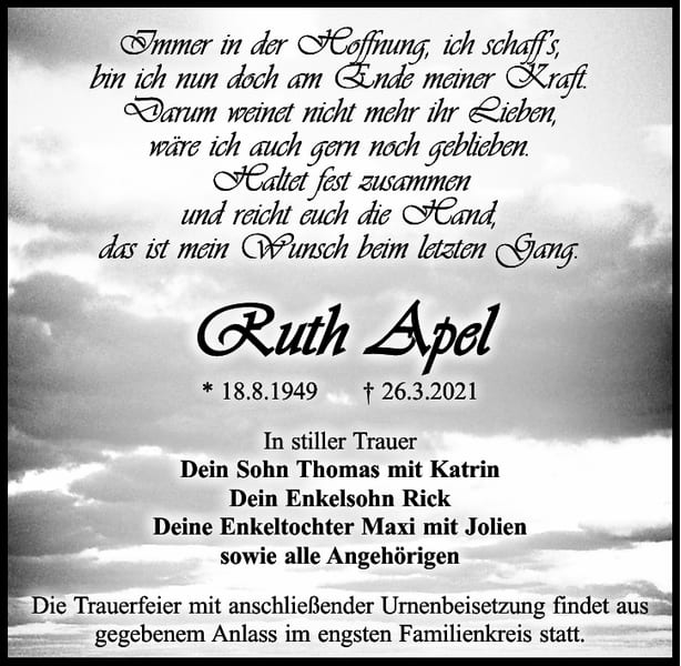 Traueranzeige Ruth Apel