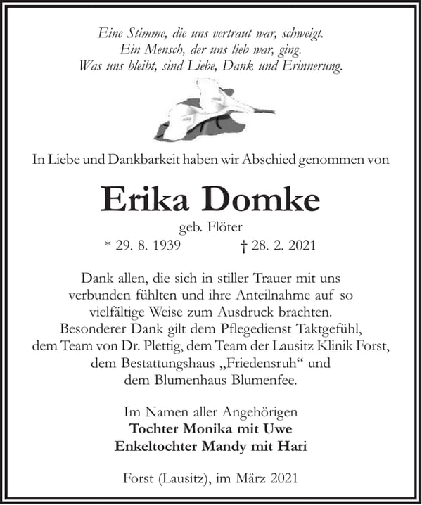 Traueranzeige Erika Domke, geb. Flöter