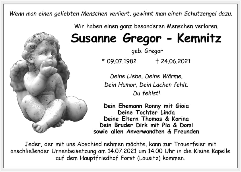 Traueranzeige Susanne Gregor-Kemnitz, geb. Gregor
