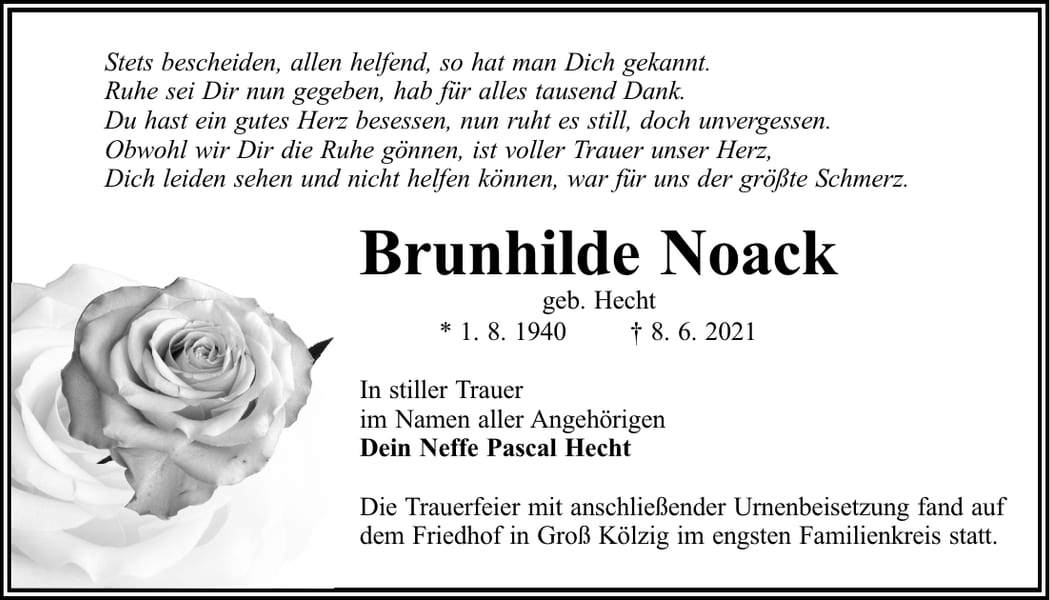 Traueranzeige Brunhilde Noack, geb. Hecht
