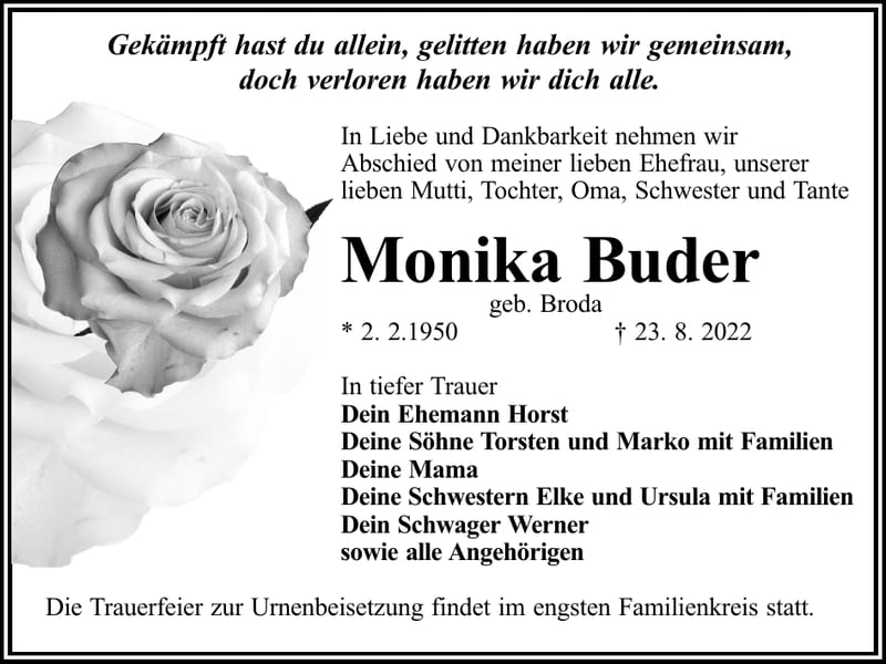 Traueranzeige Monika Buder, geb. Broda
