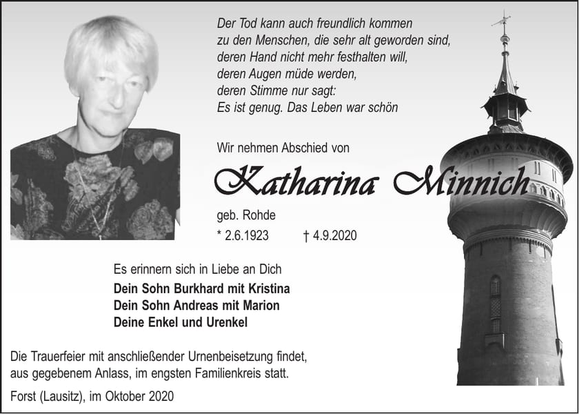 Traueranzeige Katharina Minnich, geb. Rohde