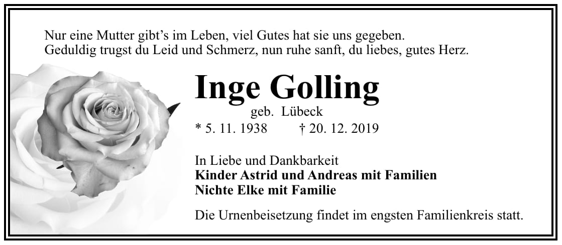 Traueranzeige Inge Golling, geb. Lübeck