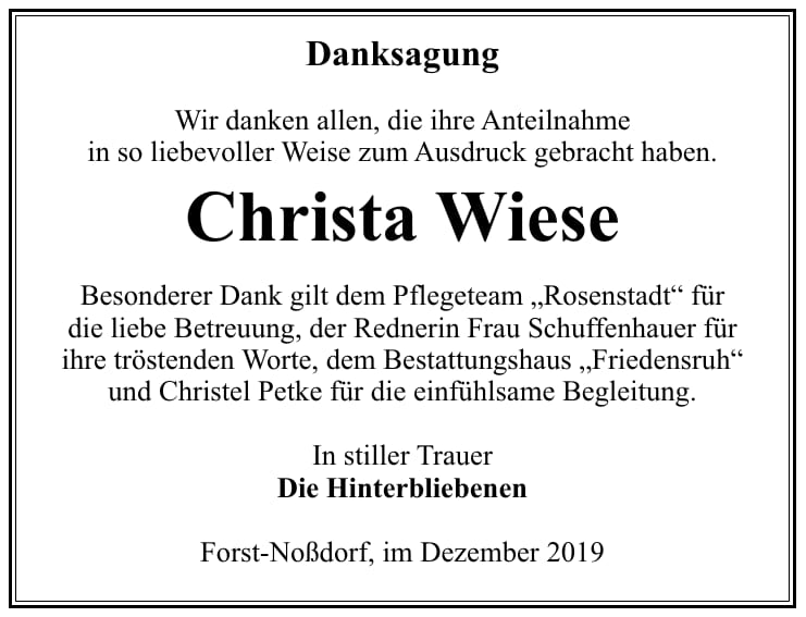 Danksagung Christa Wiese