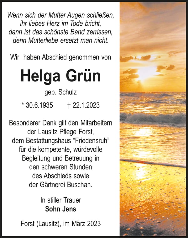 Traueranzeige Helga Grün, geb. Schulz